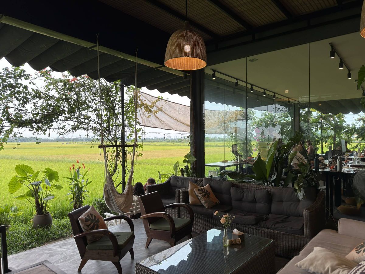 Lounge area with sofas and hammocks overlooking rice fields at Hub Hoi An