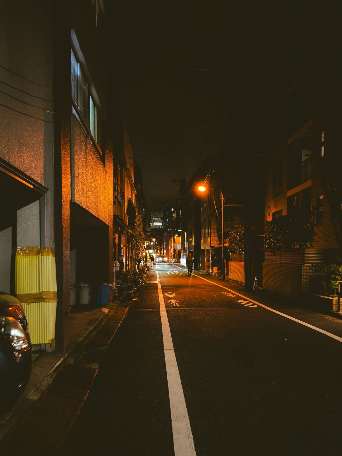 An empty street at night lit by a single streetlight