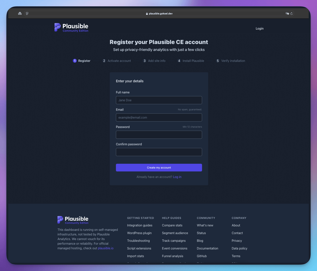 The first Plausible Analytics setup screen after a self-hosted install.