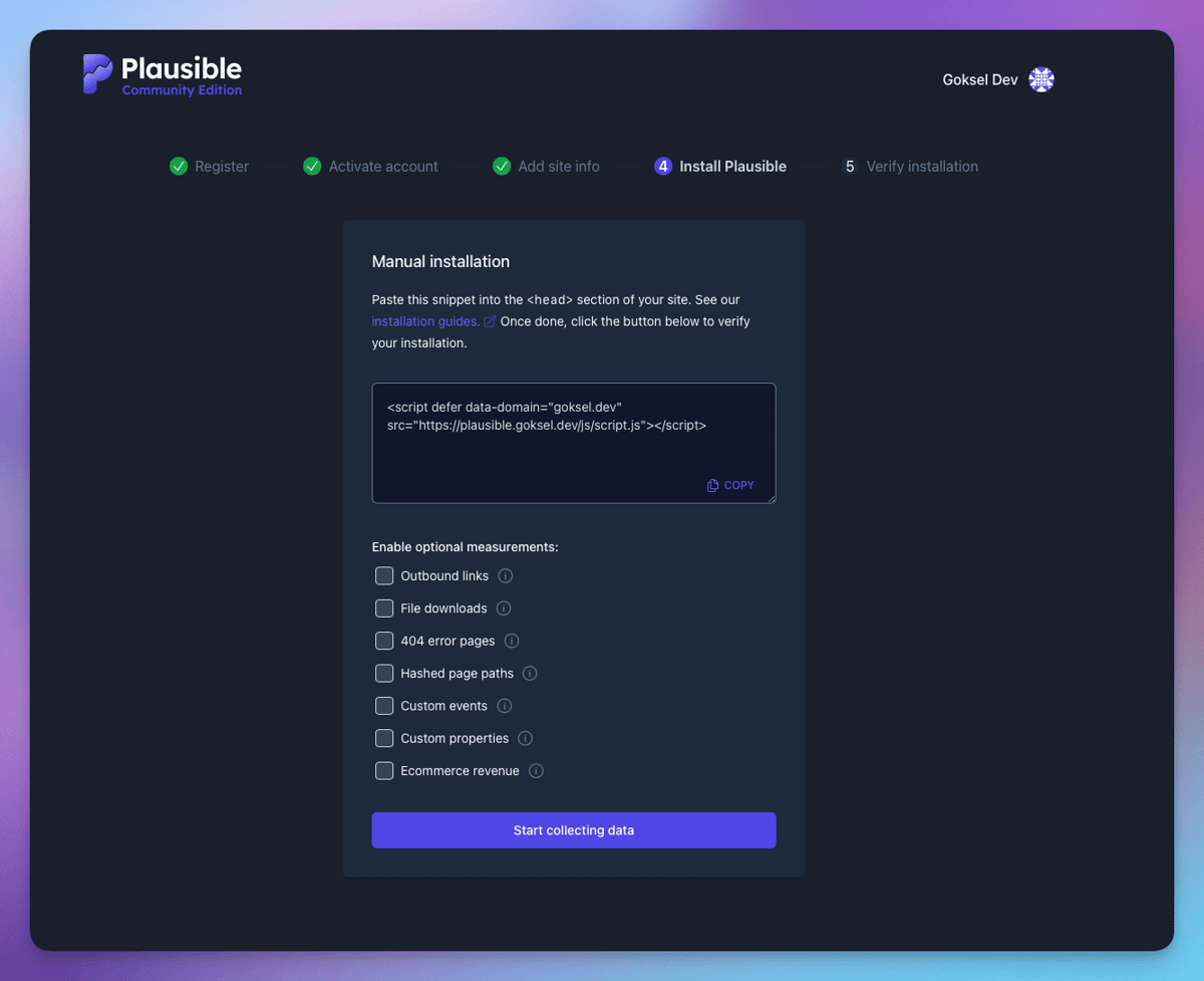 Plausible site settings for choosing what the website should measure.