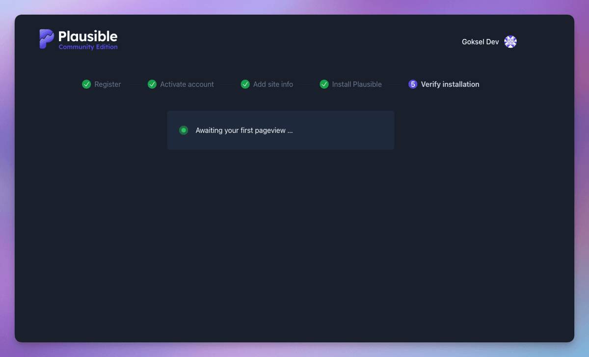 Plausible Community Edition waiting for the first pageview to verify the install.