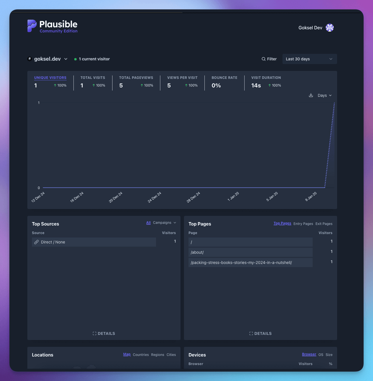 The Plausible Analytics dashboard after the site starts receiving visits.
