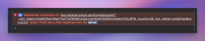 A browser console error showing the Plausible WebSocket connection failing.