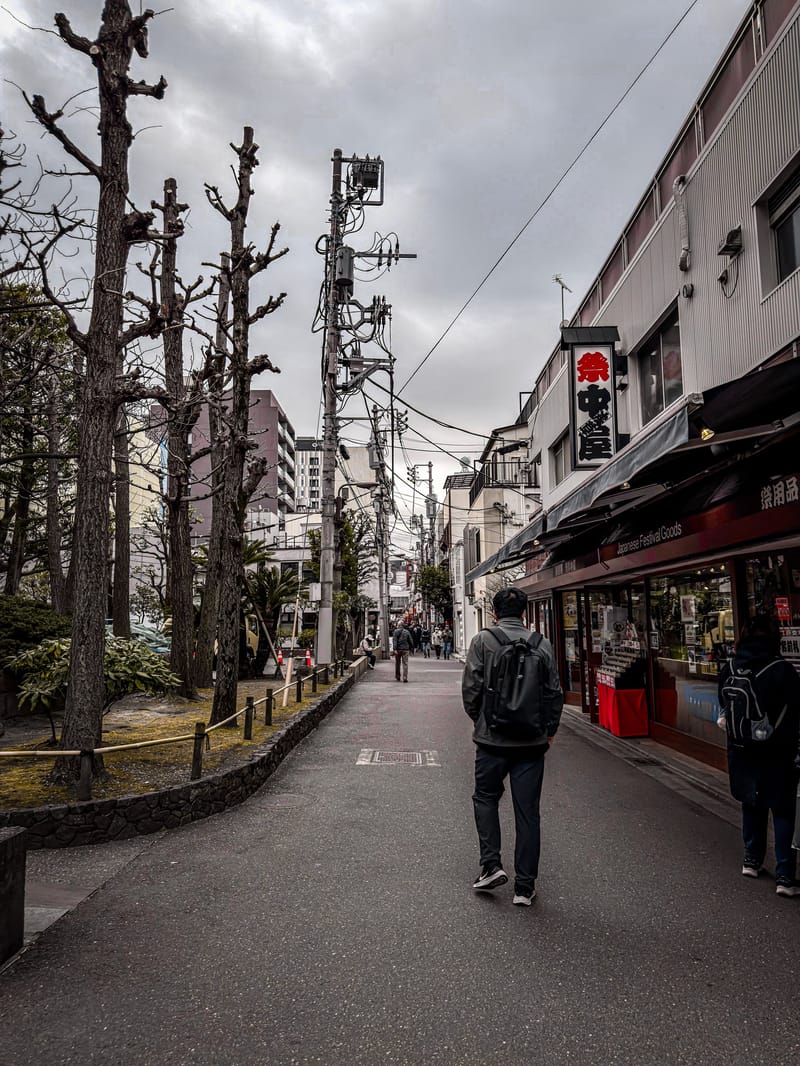 A man with a backpack walks down a narrow shopping street lined with bare trees.