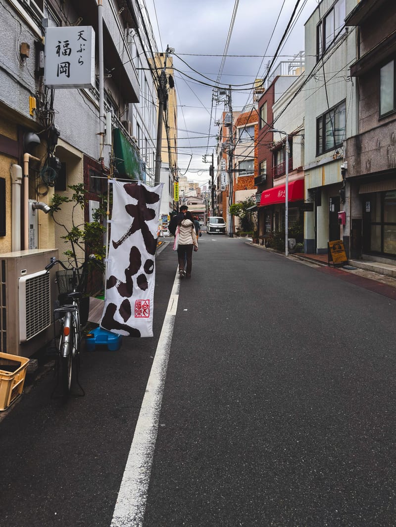 A tall tempura banner outside a shop on a narrow residential street.