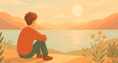 A young man sitting, looking thoughtful and tired, in a digital illustration