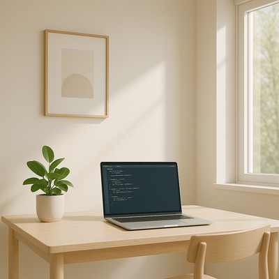 Minimal desk: laptop, plant, calm light.