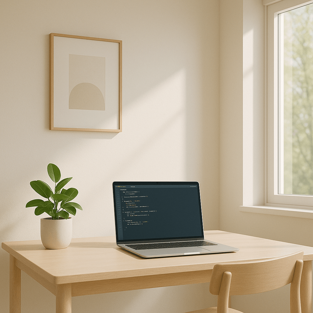 Minimal desk: laptop, plant, calm light.
