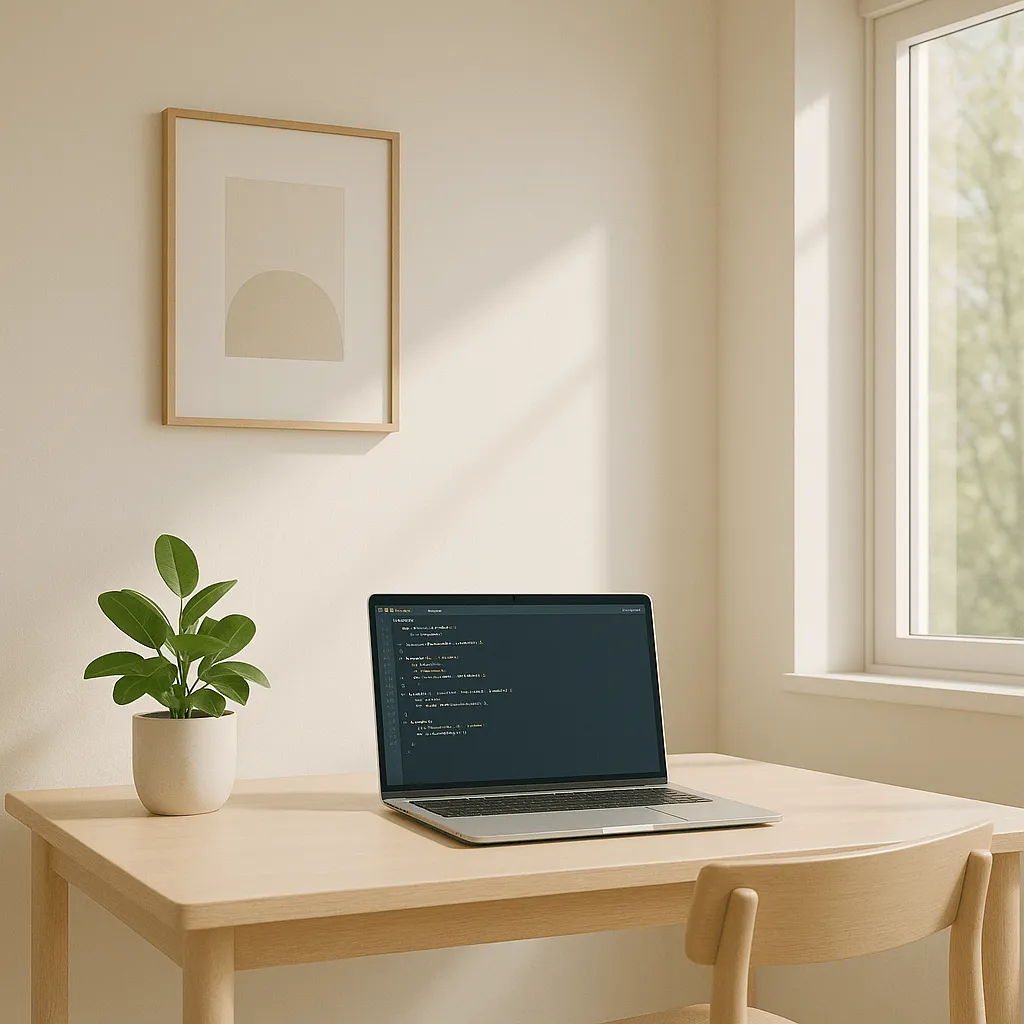 A minimal desk with a laptop, a small plant, and calm daylight.