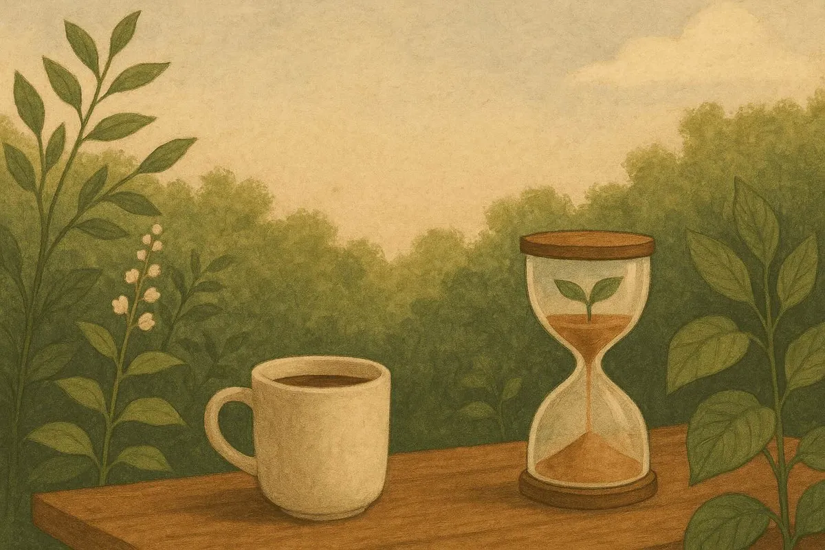 A calm nature illustration symbolizing mindful slow living, with a coffee mug and hourglass on a rustic wooden table.