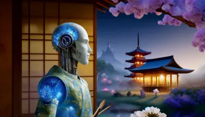 A humanoid robot leaning against a traditional Japanese wall, surrounded by cherry blossoms.