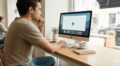 A person working at an iMac in a cafe, with Safari open on the screen.
