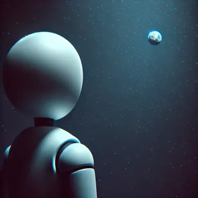A white robot looking up at Earth, small in a field of stars.
